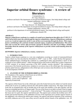 Superior Orbital Fissure Syndrome – a Review of Literature Correspondance To: Dr