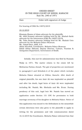 ORDER SHEET in the HIGH COURT of SINDH, KARACHI Suit No. 240 of 1971 ______Date Order with Signature of Judge ______