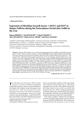 Expression of Fibroblast Growth Factor 1 (FGF1) and FGF7 in Mature Follicles During the Periovulatory Period After Gnrh in the Cow