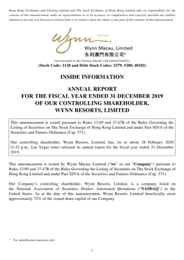 Annual Report for the Fiscal Year Ended 31 December 2019 of Our Controlling Shareholder, Wynn Resorts, Limited