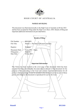 Reply Filingfiling Party:Party: Plaintiff Dadatete Ffiled:Iled: 04 Jun 2021