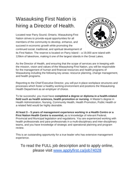 Wasauksing First Nation Is Hiring a Director of Health