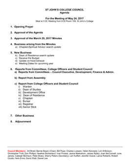 ST JOHN's COLLEGE COUNCIL Agenda for the Meeting of May 24