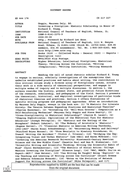 Rhetoric Scholarship in Honor of Richard E. Young. INSTITUTION National Council of Teachers of English, Urbana, IL