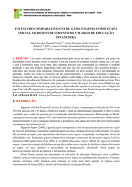 Um Estudo Comparativo Entre Game Engines Como Etapa Inicial No Desenvolvimento De Um Jogo De Educação Financeira