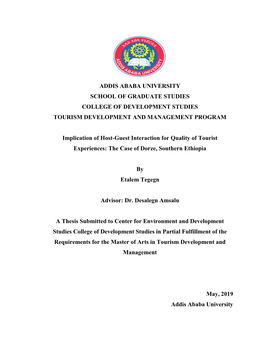 Addis Ababa University School of Graduate Studies College of Development Studies Tourism Development and Management Program