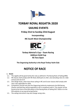 Torbay Royal Regatta 2020 Notice of Race