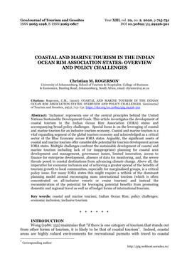 Coastal and Marine Tourism in the Indian Ocean Rim Association States: Overview and Policy Challenges