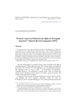 Women's Sport in Poland in the Light of “Przegląd Sportowy” So Far Seven Works Have Been Published Relating to the Years 1921 –1927 and 1929 –19303