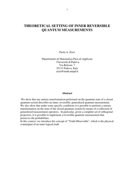 Theoretical Setting of Inner Reversible Quantum Measurements
