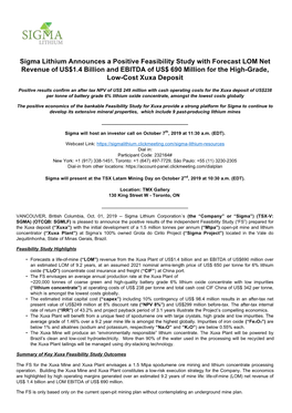 Sigma Lithium Announces a Positive Feasibility Study with Forecast LOM