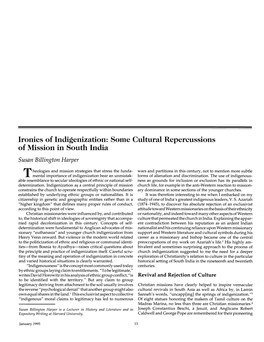 Ironies of Indigenization: Some Cultural Repercussions of Mission in South India Susan Billington Harper