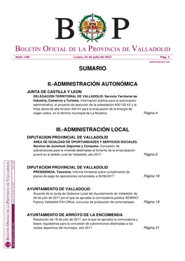 Sumario Boletín Oficial De La Provincia De Valladolid