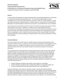 Workshop Report Sustaining Data Repositories: a Workshop on Creating and Implementing Sustainability Plans Funded by the National Science Foundation: Award #1745596