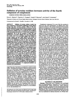 Sulfation of Tyrosine Residues Increases Activity of the Fourth Component of Complement (Complement Activation/Sulfates/Plasna Proteins) GLEN L