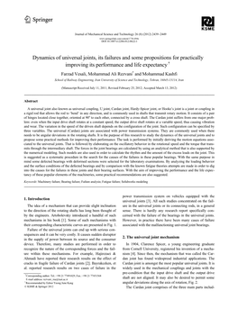 Dynamics of Universal Joints, Its Failures and Some Propositions For
