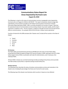 Communications Status Report for Areas Impacted by Hurricane Lane August 24, 2018