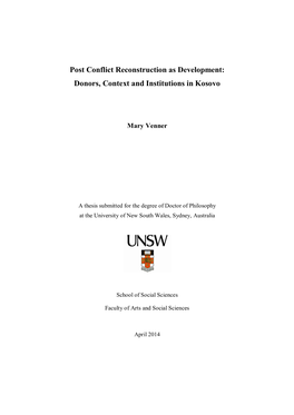 Post Conflict Reconstruction As Development: Donors, Context and Institutions in Kosovo