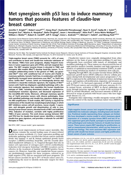 Met Synergizes with P53 Loss to Induce Mammary Tumors That Possess