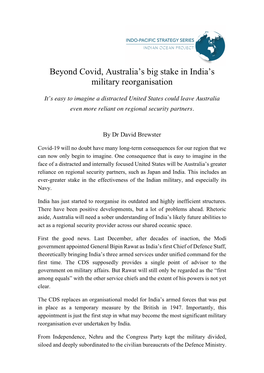 Beyond Covid, Australia's Big Stake in India's Military Reorganisation