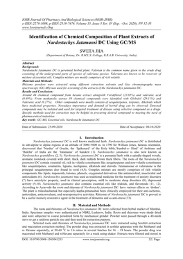 Identification of Chemical Composition of Plant Extracts of Nardostachys Jatamansi DC Using GC/MS