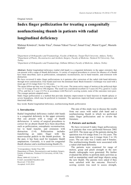 Index Finger Pollicization for Treating a Congenitally Nonfunctioning Thumb in Patients with Radial Longitudinal Deficiency