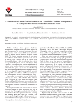 A Taxonomic Study on the Families Lecanidae and Lepadellidae (Rotifera: Monogononta) of Turkey and Three New Records for Turkish Inland Waters