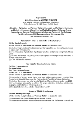 Rajya Sabha List of Questions for WRITTEN ANSWERS to Be Asked at a Sitting of the Rajya Sabha to Be Held on Friday, September 18, 2020/ Bhadra 27, 1942 (Saka)