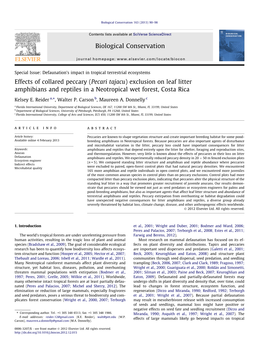 Effects of Collared Peccary (Pecari Tajacu) Exclusion on Leaf Litter Amphibians and Reptiles in a Neotropical Wet Forest, Costa Rica ⇑ Kelsey E