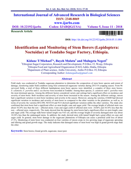 Identification and Monitoring of Stem Borers (Lepidoptera: Noctuidae) at Tendaho Sugar Factory, Ethiopia