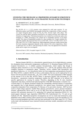 Studying the Mechanical Properties of Barium Strontium Titanate Ceramics by an Ultrasonic Pluse Echo Technique