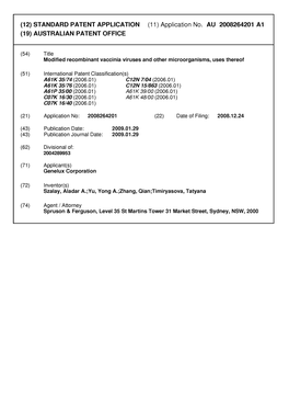 Application No. AU 2008264201 Al (19) AUSTRALIAN PATENT OFFICE