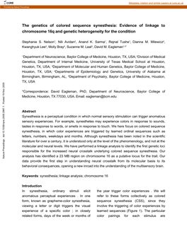 The Genetics of Colored Sequence Synesthesia: Evidence of Linkage to Chromosome 16Q and Genetic Heterogeneity for the Condition