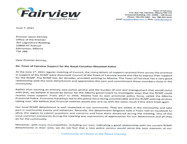 Town of Fairview RE: Support for RCMP