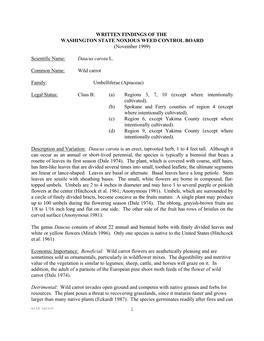 1 WRITTEN FINDINGS of the WASHINGTON STATE NOXIOUS WEED CONTROL BOARD (November 1999) Scientific Name: Daucus Carota L. Commo