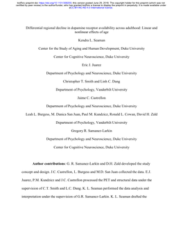 Differential Regional Decline in Dopamine Receptor Availability Across Adulthood: Linear and Nonlinear Effects of Age