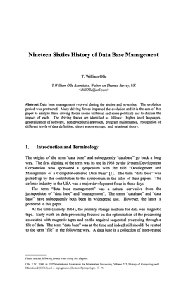 Nineteen Sixties History of Data Base Management