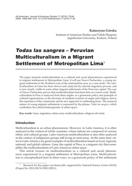 Peruvian Multiculturalism in a Migrant Settlement of Metropolitan Lima1