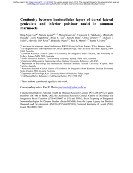 Continuity Between Koniocellular Layers of Dorsal Lateral Geniculate and Inferior Pulvinar Nuclei in Common Marmosets