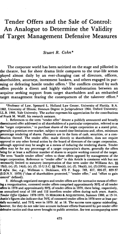 Tender Offers and the Sale of Control: an Analogue to Determine the Validity of Target Management Defensive Measures