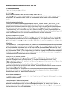 Aus Der Sitzung Des Gemeinderates Osburg Vom 25.06.2020 1.) Einwohnerfragestunde Fragen Von Einwohnern Lagen Nicht Vor. 2.) Mitt