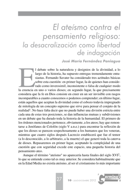 El Ateísmo Contra El Pensamiento Religioso: La Desacralización Como Libertad De Indagación José María Fernández Paniagua