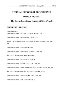 OFFICIAL RECORD of PROCEEDINGS Friday, 6 July 2012