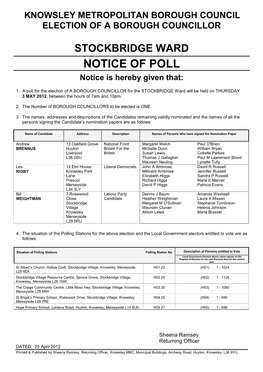 STOCKBRIDGE WARD NOTICE of POLL Notice Is Hereby Given That