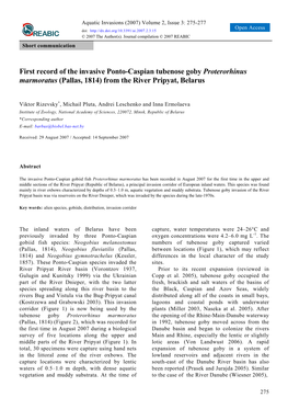 First Record of the Invasive Ponto-Caspian Tubenose Goby Proterorhinus Marmoratus (Pallas, 1814) from the River Pripyat, Belarus