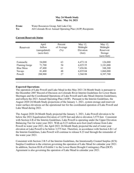 Reservoir Expected Operations the Operation of Lake Powell and Lake Mead in This May 2021 24-Month Study Is Pursuant to the Dece