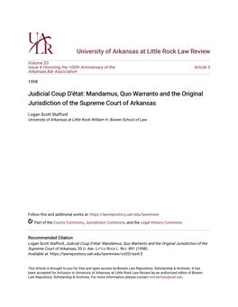 Mandamus, Quo Warranto and the Original Jurisdiction of the Supreme Court of Arkansas