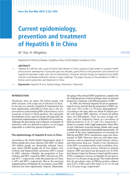 Current Epidemiology, Prevention and Treatment of Hepatitis B in China