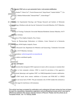 Tetraspanin CD63 Acts As a Prometastatic Factor Via Catenin