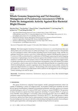 Whole Genome Sequencing and Tn5-Insertion Mutagenesis of Pseudomonas Taiwanensis CMS to Probe Its Antagonistic Activity Against Rice Bacterial Blight Disease